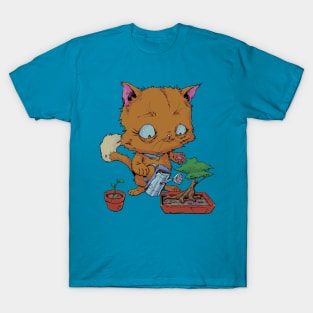 Orange Cat Watering a Bonsai Tree and Plants T-Shirt